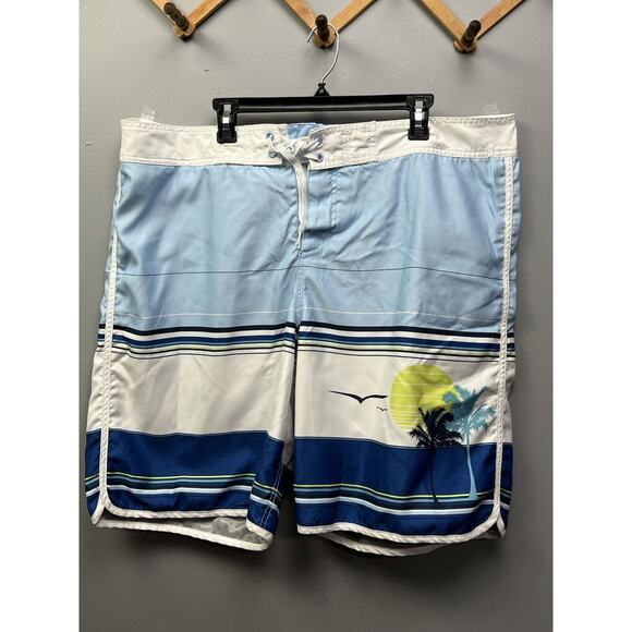 Old Navy Swim Trunks Mens size Shorts 2XL 100% Nylon Mesh Lined Blue Tropical - Picture 1 of 6